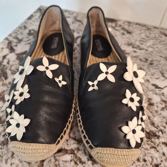 Michael Kors Lola Floral Espadrille leather black white floral size 6.5 US - Picture 1 of 9